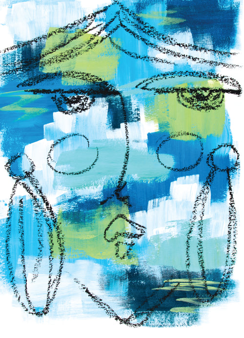 Blue and Green Oil Pastel Abstract Lady 2 Print