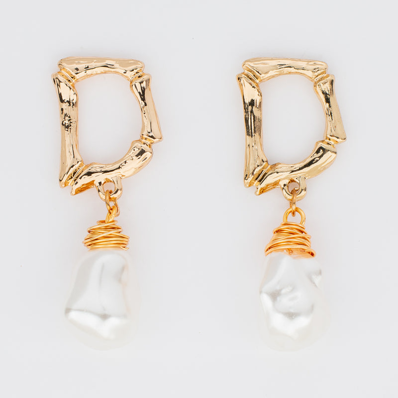 letter d jewelry gold bamboo pearl drop earrings