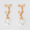gold plated bamboo earrings letter J Pearl Drop Dangle Post back