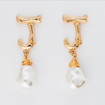 gold plated bamboo earrings letter J Pearl Drop Dangle Post back