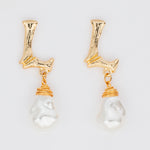 bridal earrings pearl drop gold bamboo letter L post back