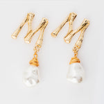 pearl drop earrings letter M gold bamboo post back