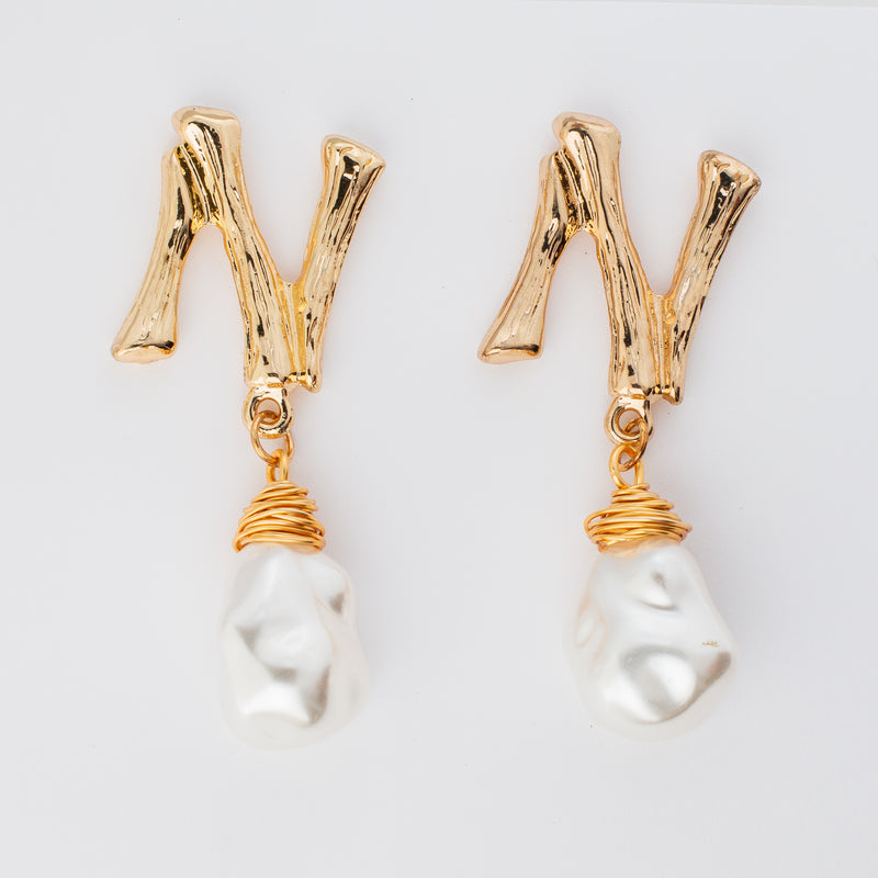 gold bamboo and pearl earrings for wedding party letter N