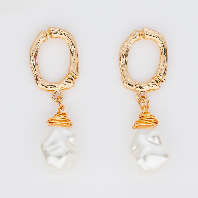 long gold earrings for wedding letter O pearl drop bead post back