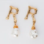 pearl bridal earrings letter R gold dangle post back