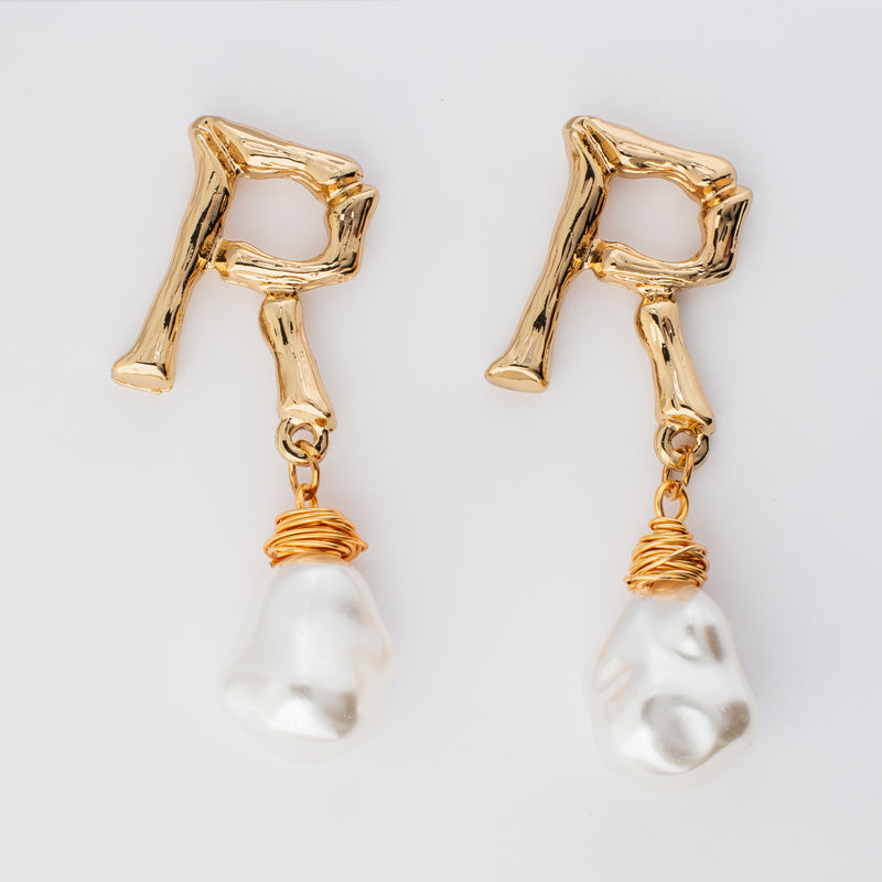 pearl bridal earrings letter R gold dangle post back