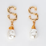 custom dangle earrings gold bamboo letter S pearl drop post back