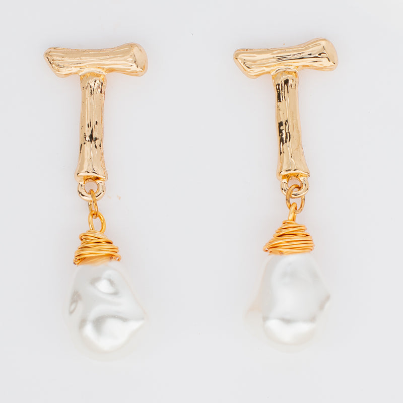 custom gold bamboo earrings letter T baroque pearl drop post back