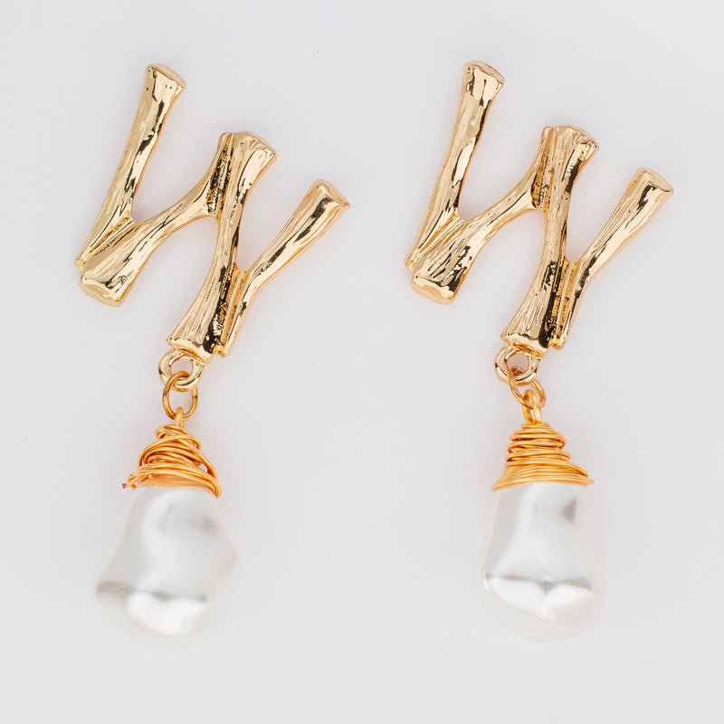 gold custom earrings initial W pearl dangle post back