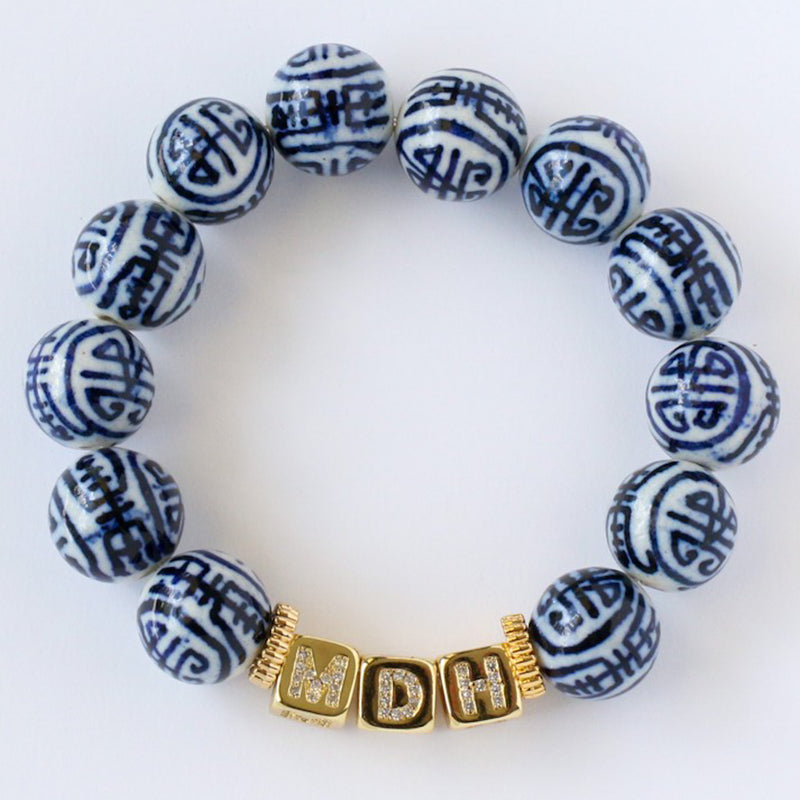 Initial Cube Blue and White Bead Bracelet