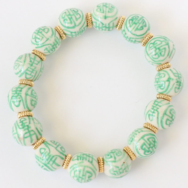 Mint Green & White Chinoiserie Beaded Bracelet