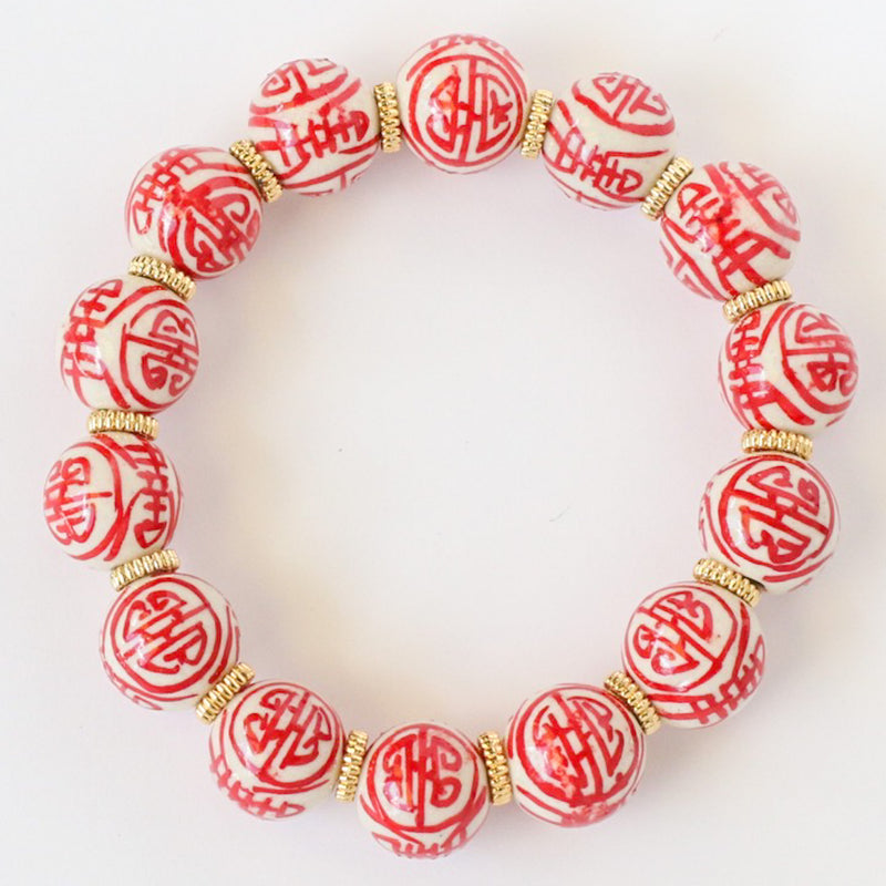 Red & White Chinoiserie Beaded Bracelet
