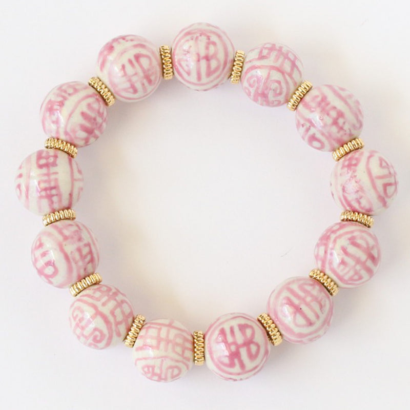 Pink & White Chinoiserie Beaded Bracelet