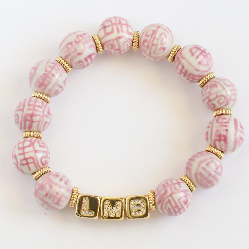Initial Cube Pink and White Bead Bracelet