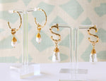 Gold and Baroque Pearl Wire Wrapped Drop Monogram "A" Initial Bamboo Post Back Earrings