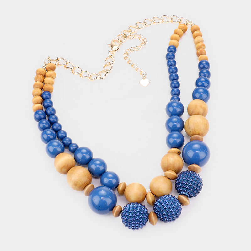 Wood & Blue Beaded Necklace