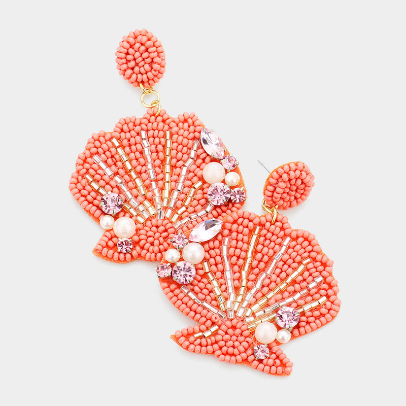Coral Beaded Clamshell Earrings