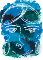Deep Blue and Green Oil Pastel Abstract Lady 1 Print