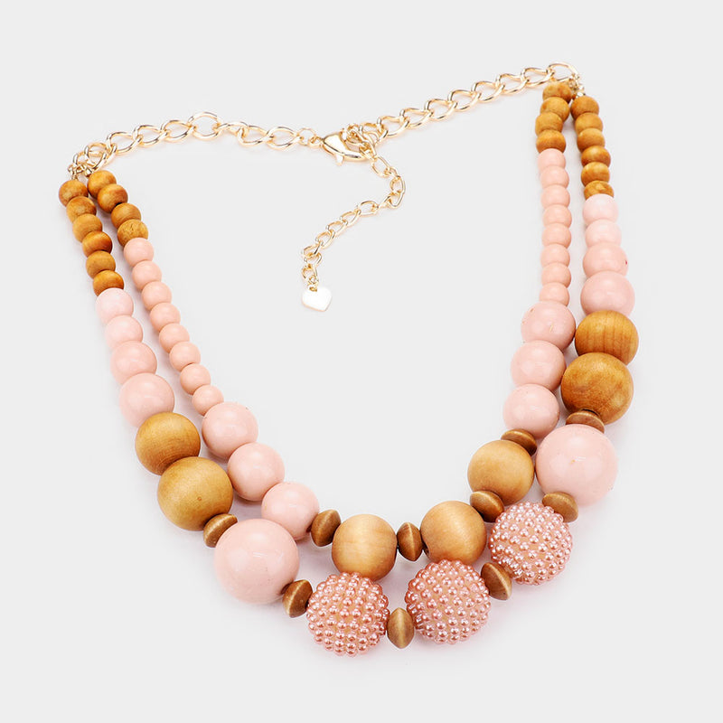 Wood & Pink Beaded Necklace